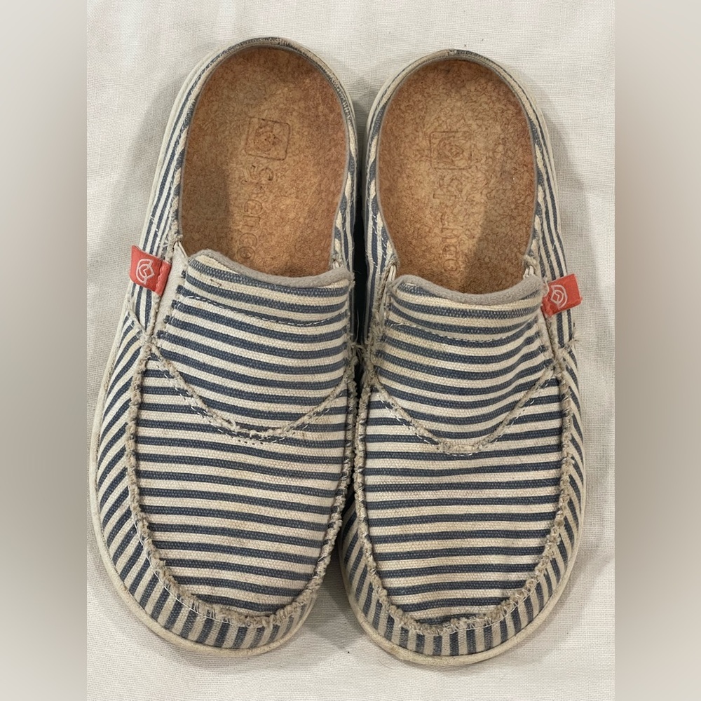 SPENCO BLUE AND WHITE STRIPE CORK BED LIGHTWEIGHT SLIDE ON SHOES WOMENS SIZE 6
